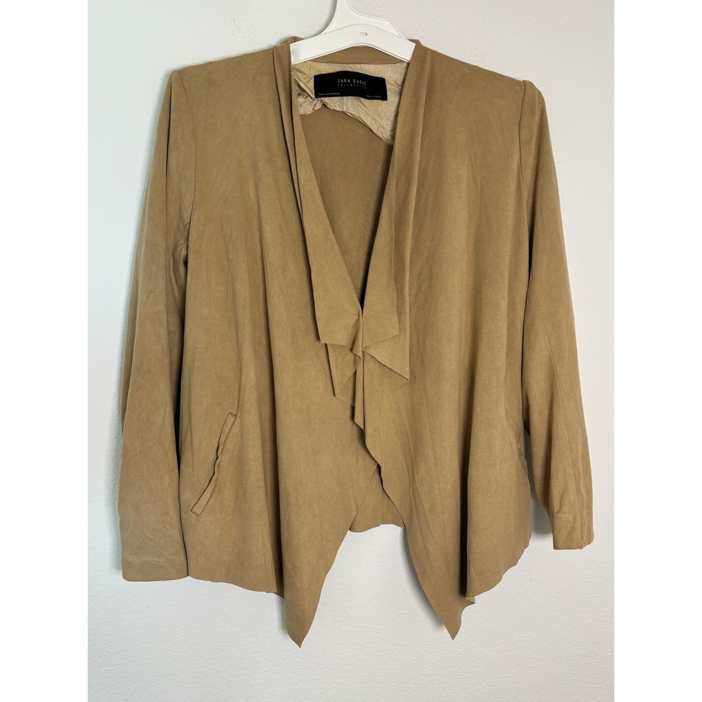 Zara Basic Faux Suede Draped Open Front Jacket Tan Camel Asymmetrical Size M